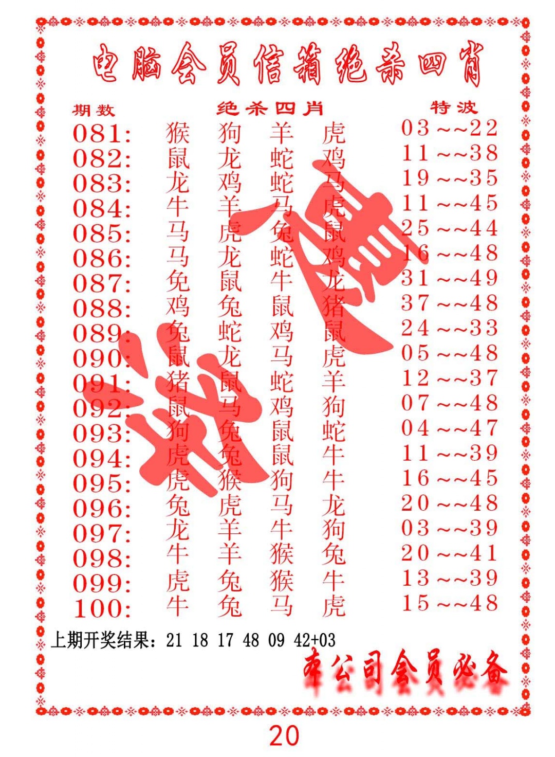 081期电脑会员-绝杀四肖[图]